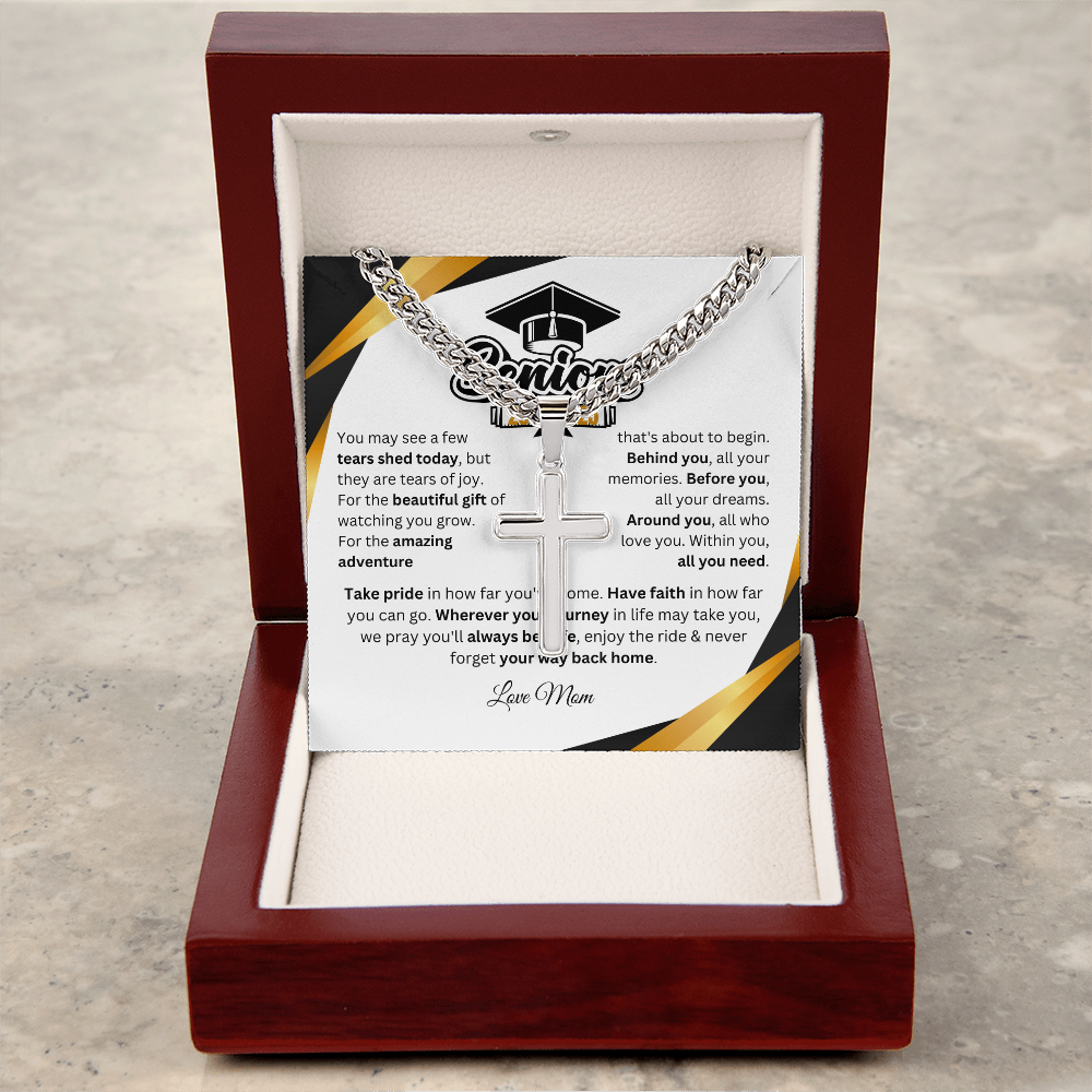 Personalized Graduation Gift Cuban Link Chain w/ Artisan Cross "In Every Step You Take, We're Always with You"