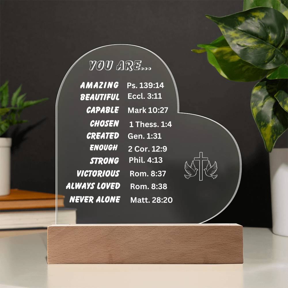 You Are.. Cross Doves Heart Shaped Acrylic Plaque with LED Base