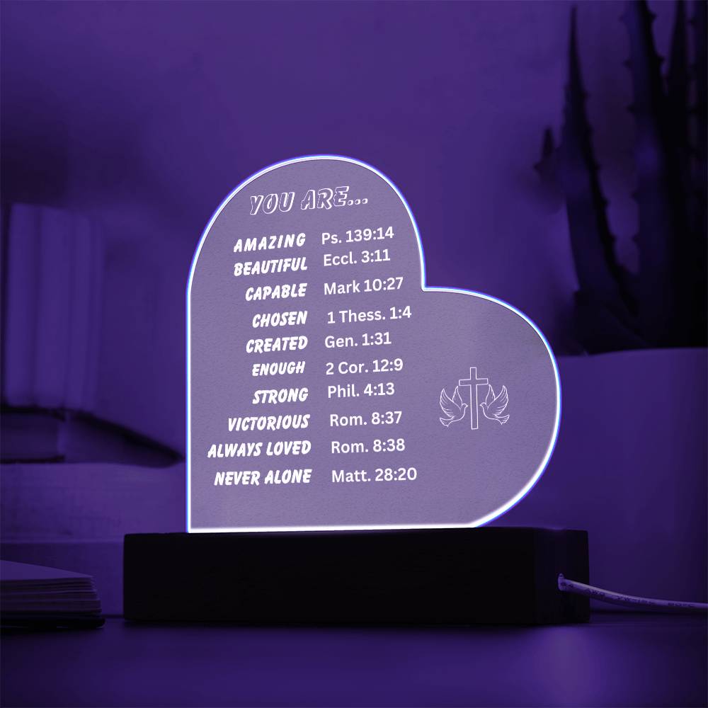 You Are.. Cross Doves Heart Shaped Acrylic Plaque with LED Base