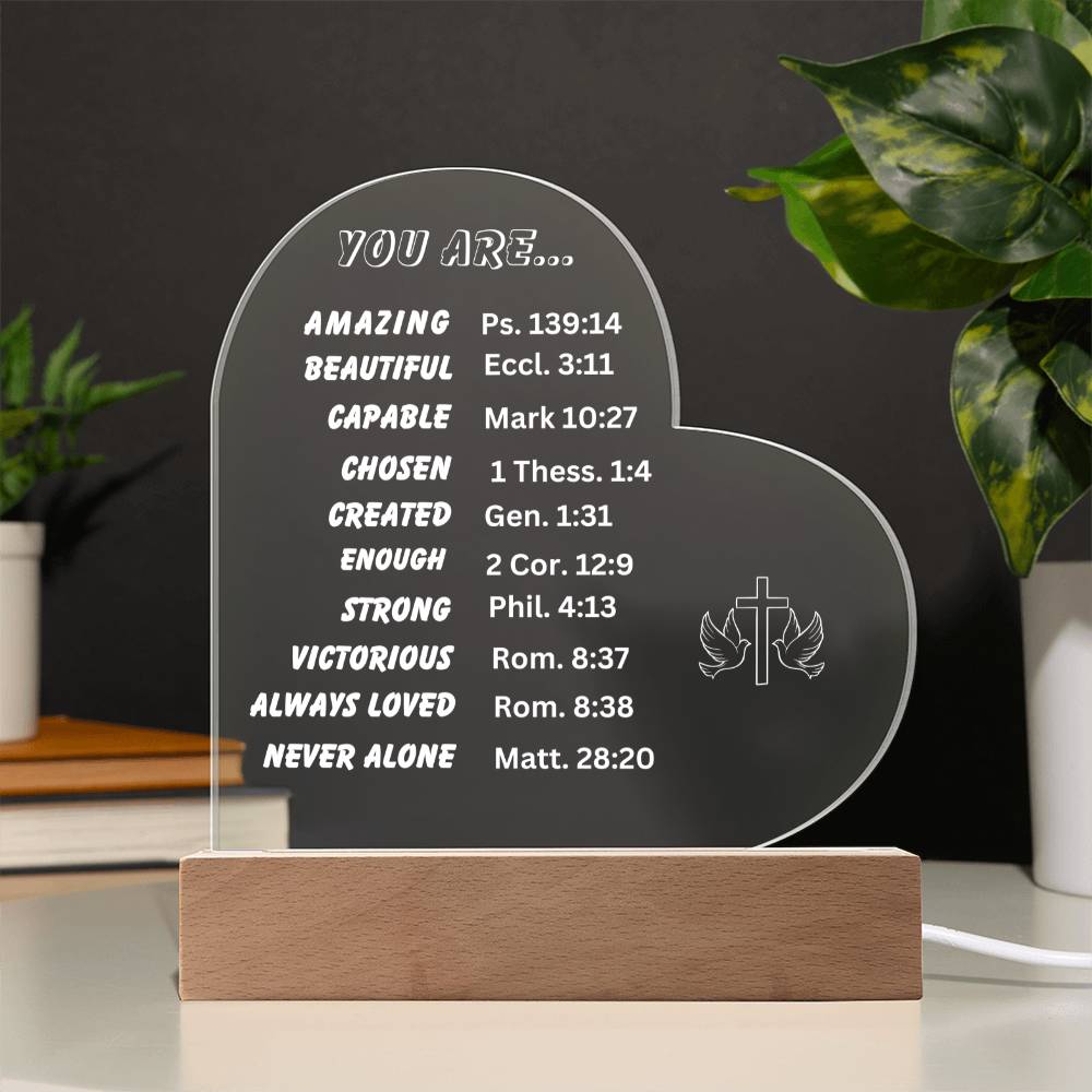 You Are.. Cross Doves Heart Shaped Acrylic Plaque with LED Base
