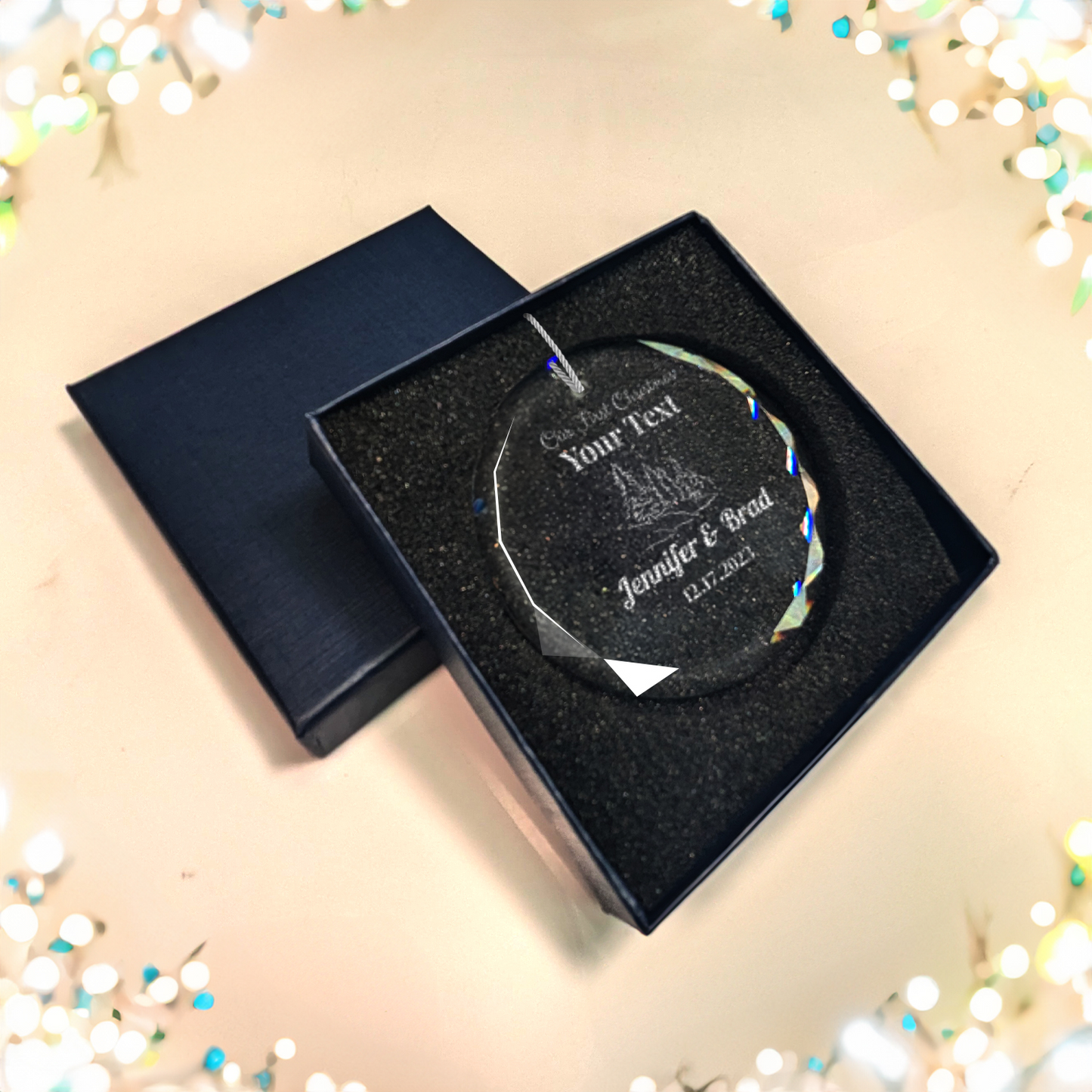 Personalized "Our First Christmas" Engraved Custom GLASS Ornament With Gift Box