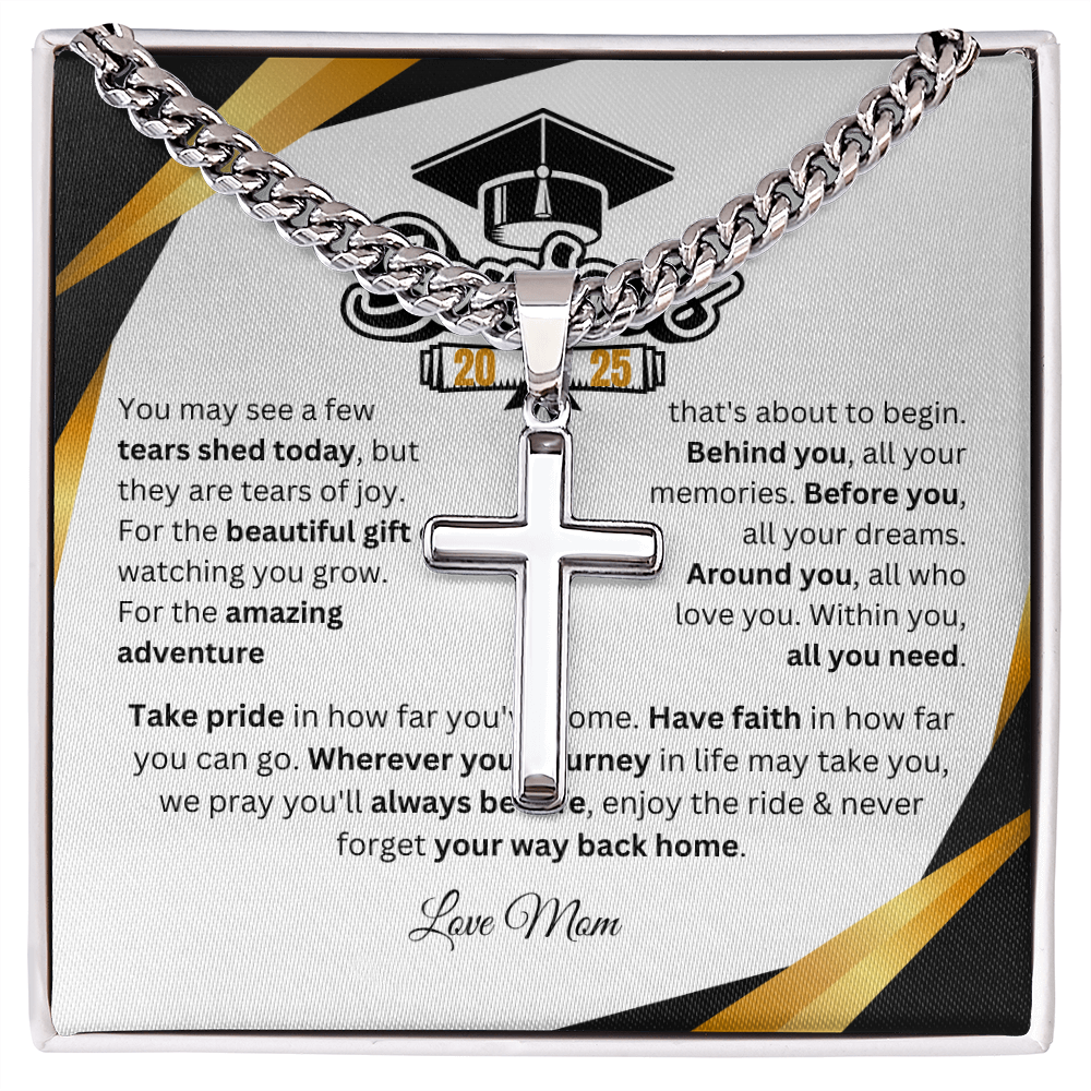 Personalized Graduation Gift Cuban Link Chain w/ Artisan Cross "In Every Step You Take, We're Always with You"