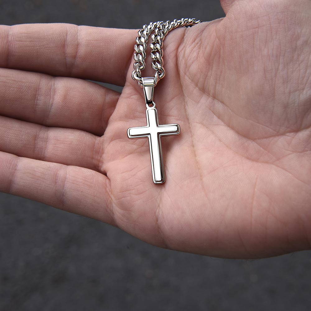Personalized Graduation Gift Cuban Link Chain w/ Artisan Cross "In Every Step You Take, We're Always with You"