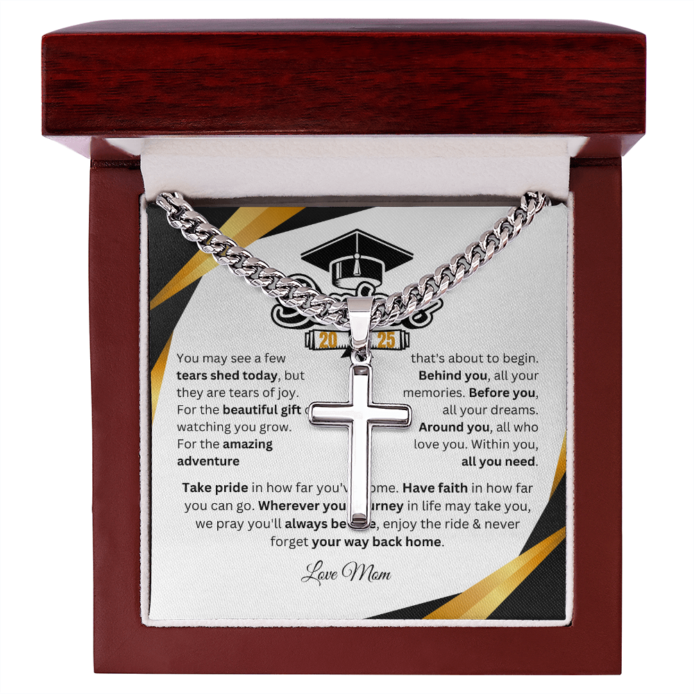 Personalized Graduation Gift Cuban Link Chain w/ Artisan Cross "In Every Step You Take, We're Always with You"