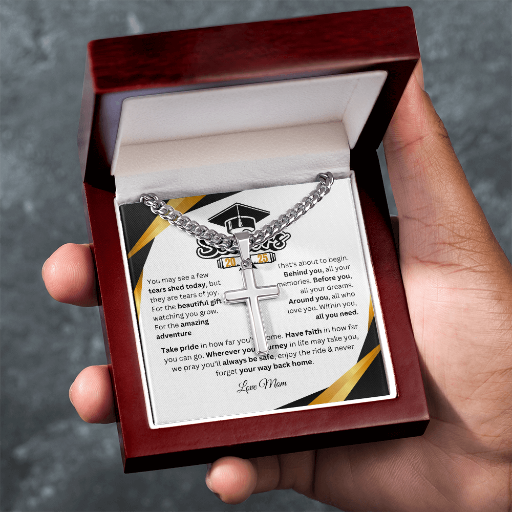 Personalized Graduation Gift Cuban Link Chain w/ Artisan Cross "In Every Step You Take, We're Always with You"