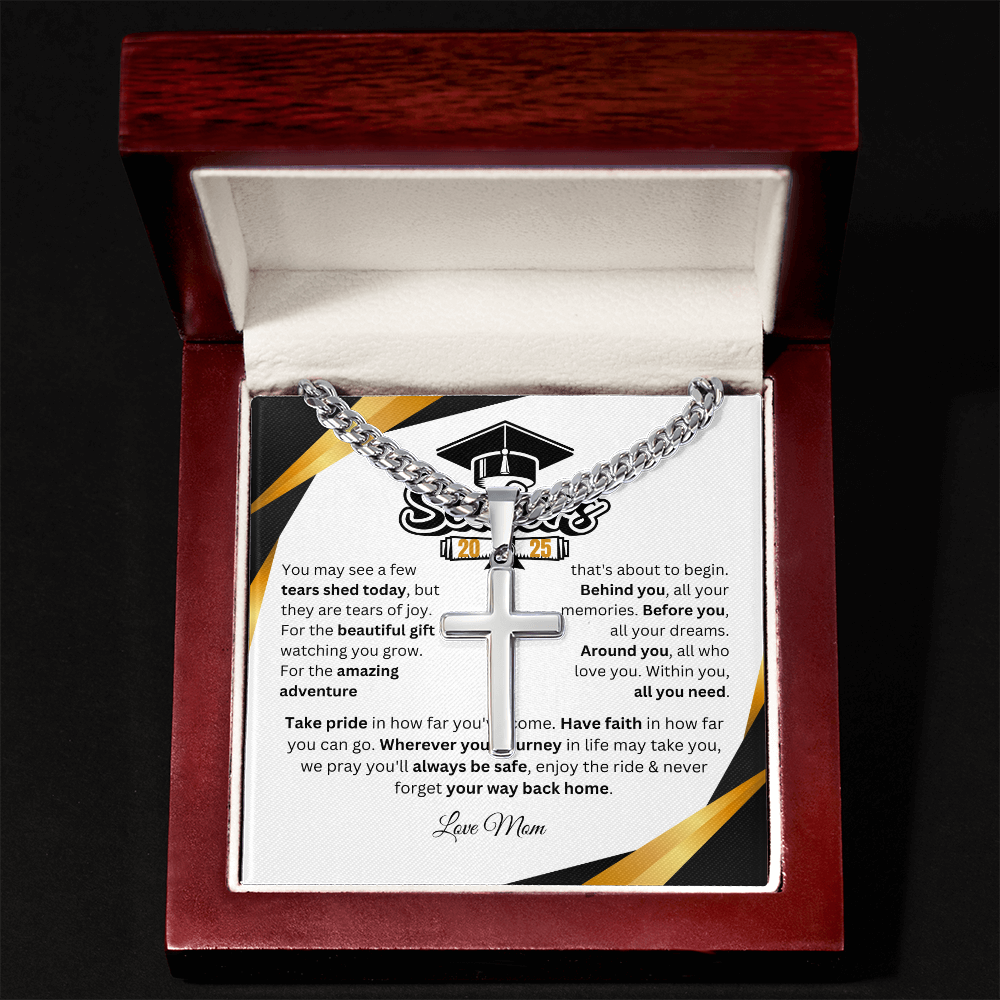 Personalized Graduation Gift Cuban Link Chain w/ Artisan Cross "In Every Step You Take, We're Always with You"