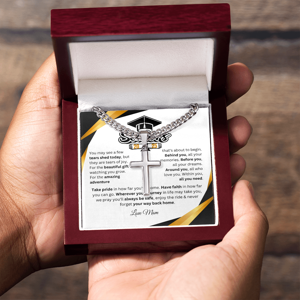 Personalized Graduation Gift Cuban Link Chain w/ Artisan Cross "In Every Step You Take, We're Always with You"