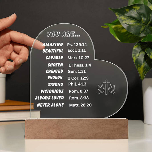 You Are.. Cross Doves Heart Shaped Acrylic Plaque with LED Base