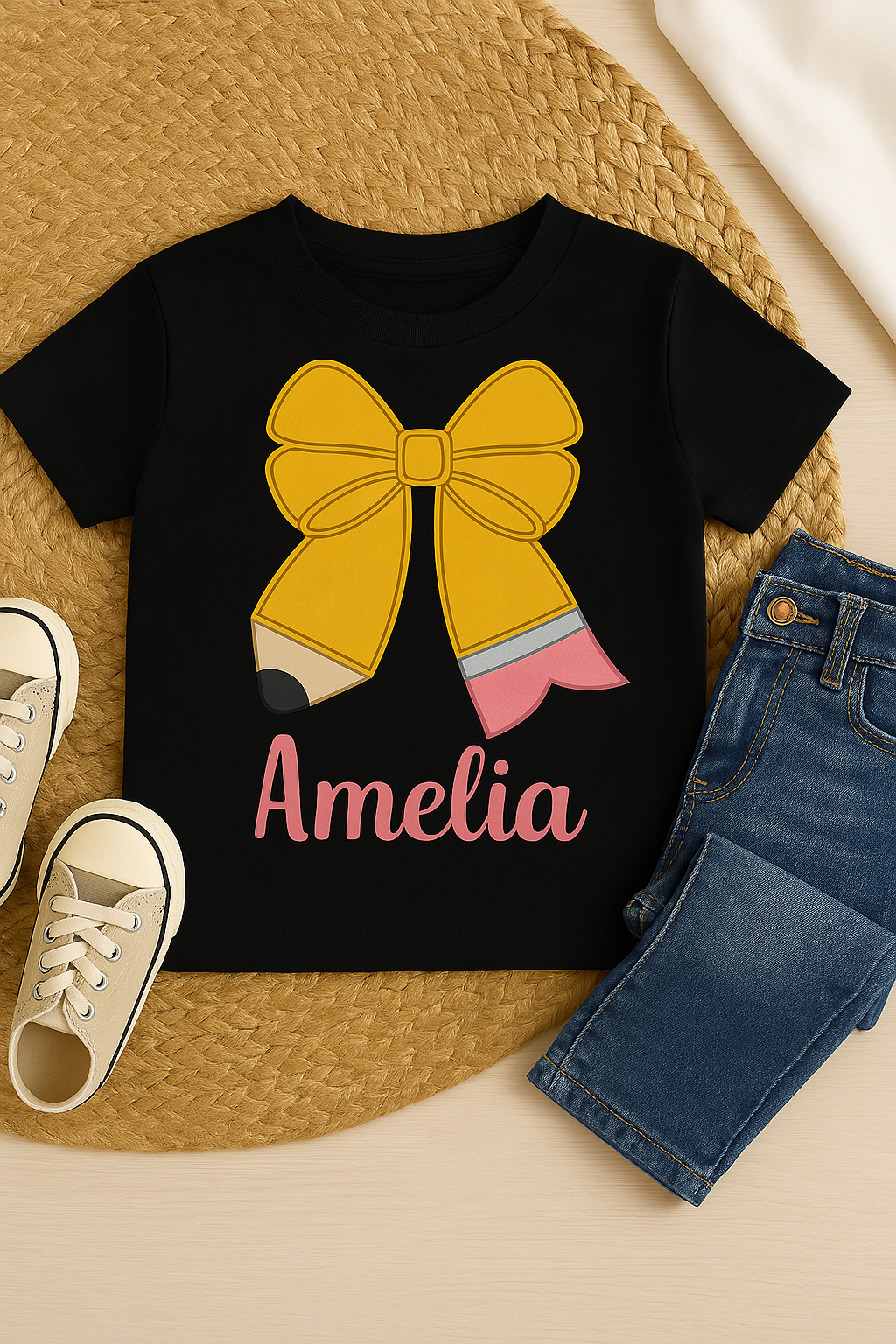 🎀 Back-to-Cute: Personalized Pencil Bow Tee for Toddlers 🎀