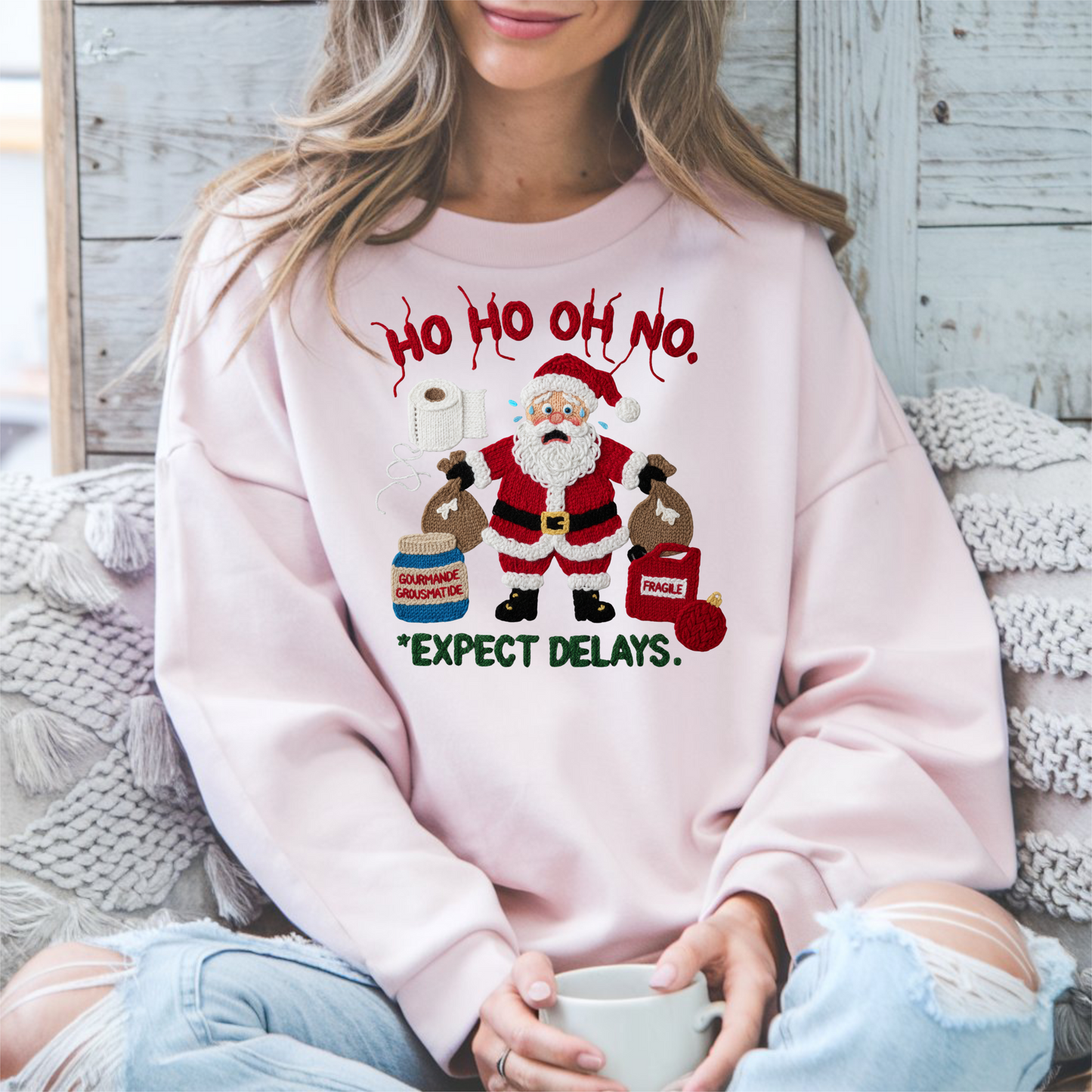 Not So Ugly Christmas Crewneck Sweatshirt w/ Sleeve Designs Faux Yarn Embroidery design