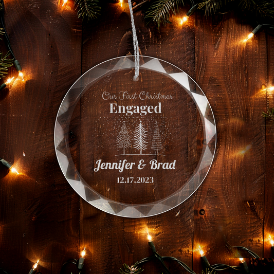 Personalized Elegant GLASS Engraved Married, Engaged, or Custom  Ornament With Gift Box