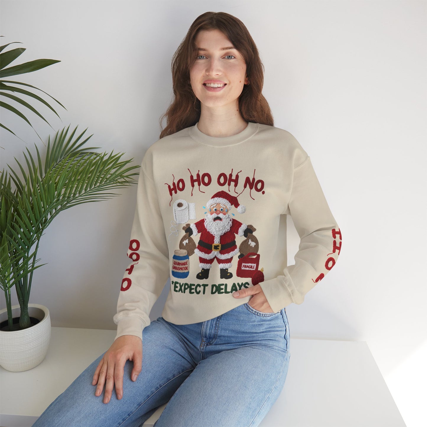 Not So Ugly Christmas Crewneck Sweatshirt w/ Sleeve Designs Faux Yarn Embroidery design