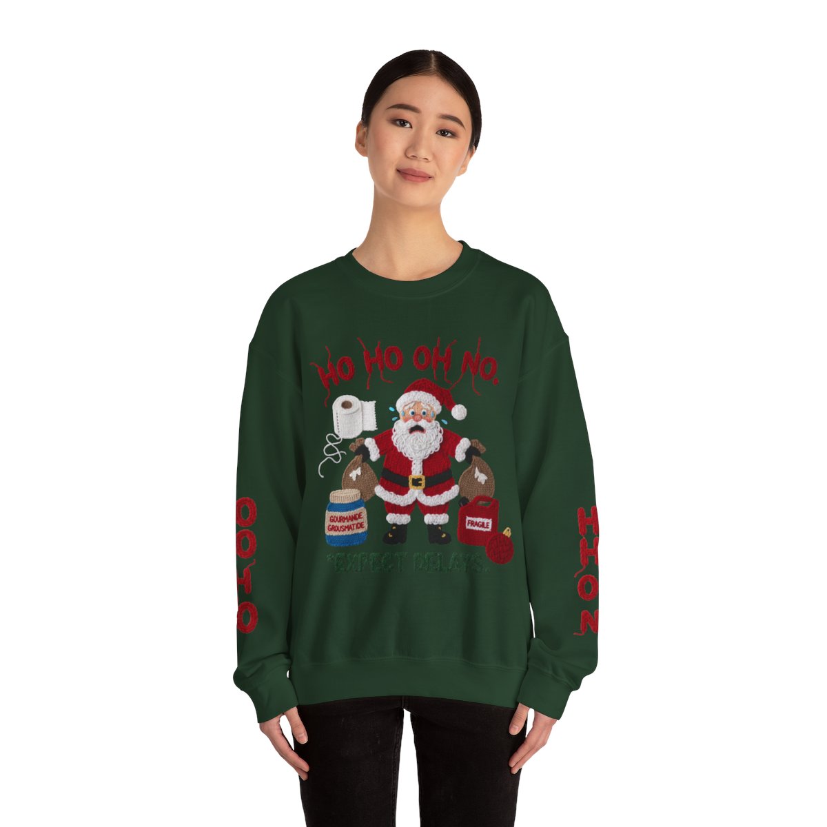 Not So Ugly Christmas Crewneck Sweatshirt w/ Sleeve Designs Faux Yarn Embroidery design